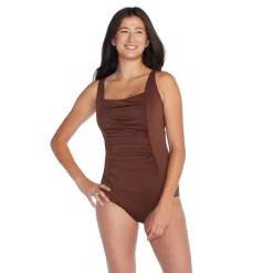 Fitness|One Pieces-Speedo Adjustable Solid Shirred Tank One Piece Brown