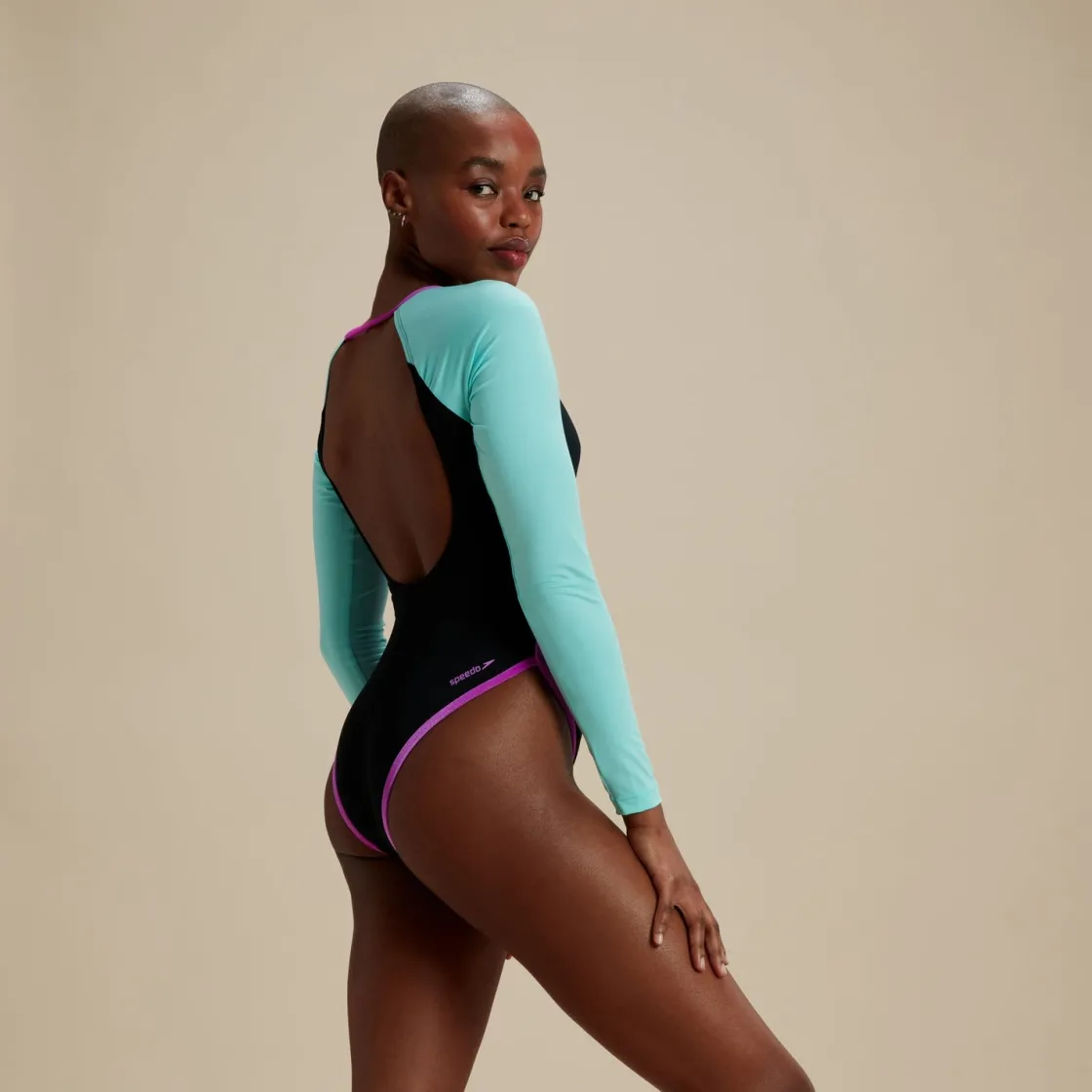 One Pieces-Speedo Flu3nte Colorblock Long Sleeve Cut Out One Piece Black Blue