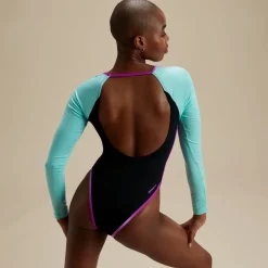 One Pieces-Speedo Flu3nte Colorblock Long Sleeve Cut Out One Piece Black Blue