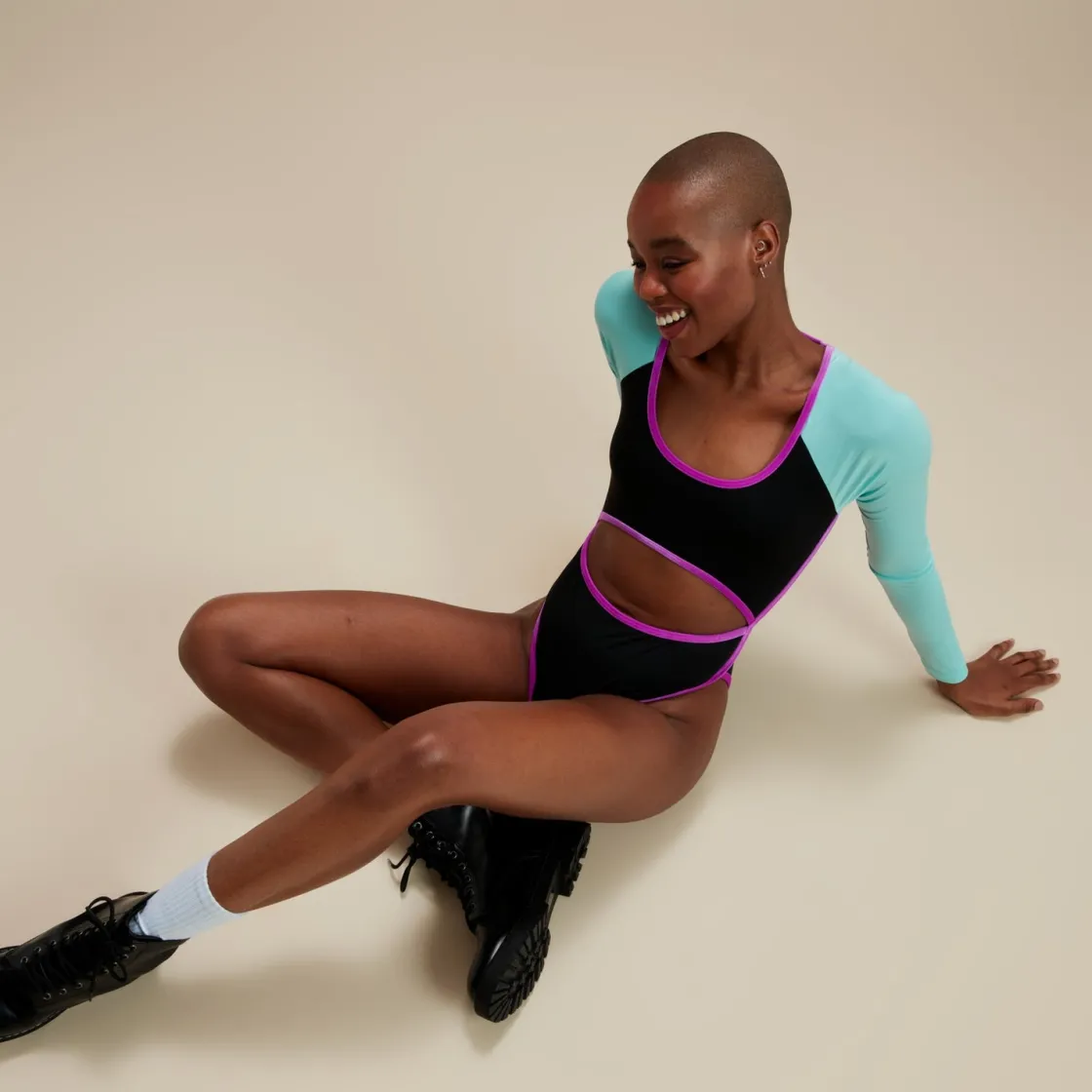 One Pieces-Speedo Flu3nte Colorblock Long Sleeve Cut Out One Piece Black Blue
