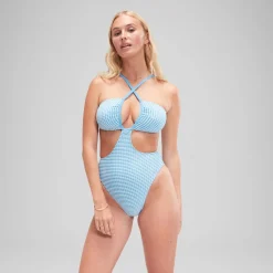 One Pieces-Speedo Flu3nte Gingham Convertible Cut Out One Piece Aqua Blue