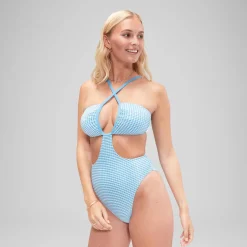 One Pieces-Speedo Flu3nte Gingham Convertible Cut Out One Piece Aqua Blue