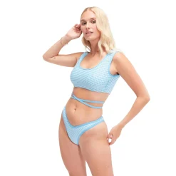 Two Pieces-Speedo Flu3nte Gingham Crop Top Aqua Blue