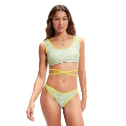 Two Pieces-Speedo Flu3nte Gingham Crop Top Olive Green