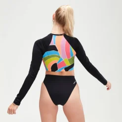 Two Pieces-Speedo Flu3nte Print Long Sleeve Crop Top Black