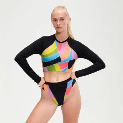 Two Pieces-Speedo Flu3nte Print Long Sleeve Crop Top Black
