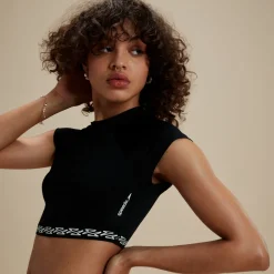 Two Pieces-Speedo Flu3nte Solid Short Sleeve Logo Elastic Crop Top Black