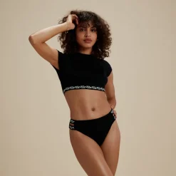 Two Pieces-Speedo Flu3nte Solid Short Sleeve Logo Elastic Crop Top Black