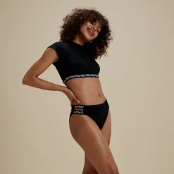 Two Pieces-Speedo Flu3nte Solid Short Sleeve Logo Elastic Crop Top Black