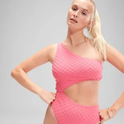 One Pieces-Speedo Flu3nte Terry Asymmetrical Cut Out One Piece Rose Pink