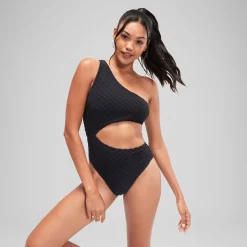 One Pieces-Speedo Flu3nte Terry Asymmetrical Cut Out One Piece Black