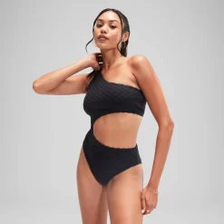 One Pieces-Speedo Flu3nte Terry Asymmetrical Cut Out One Piece Black