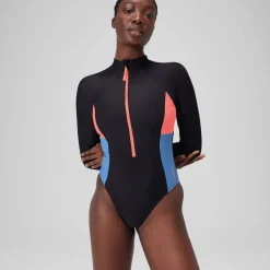 Fitness|One Pieces-Speedo Long Sleeve Colorblock Zip One Piece Slate Black