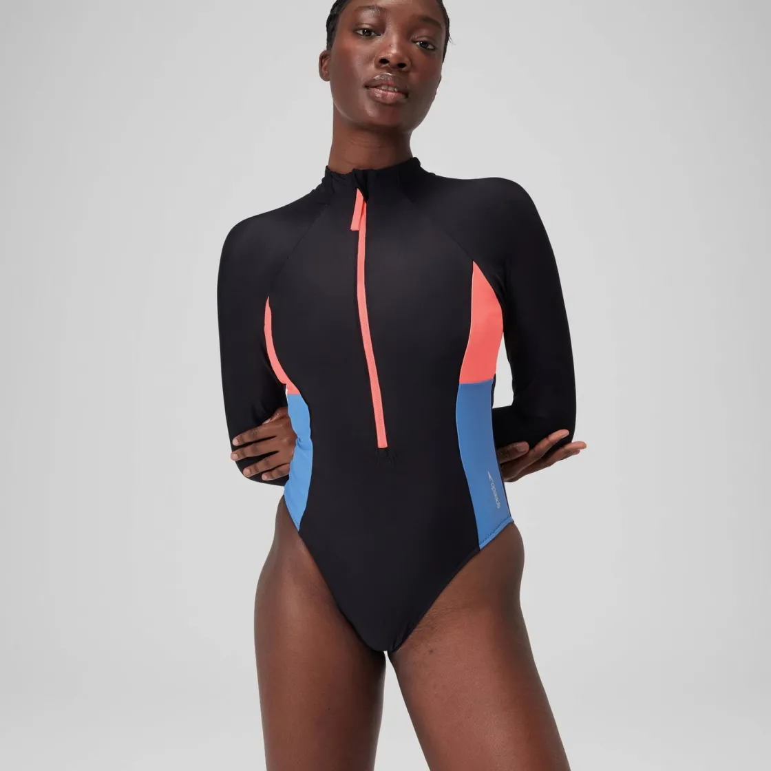 Fitness|One Pieces-Speedo Long Sleeve Colorblock Zip One Piece Slate Black