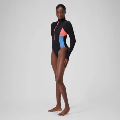 Fitness|One Pieces-Speedo Long Sleeve Colorblock Zip One Piece Slate Black