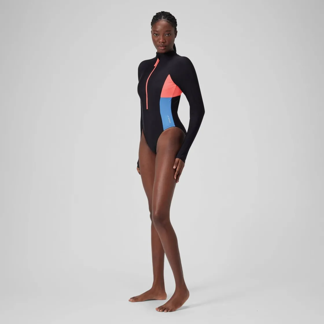 Fitness|One Pieces-Speedo Long Sleeve Colorblock Zip One Piece Slate Black