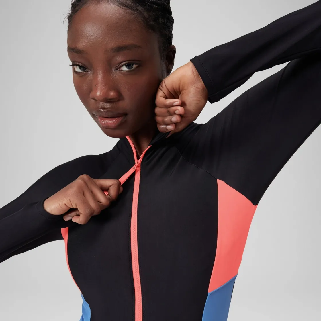 Fitness|One Pieces-Speedo Long Sleeve Colorblock Zip One Piece Slate Black