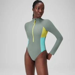 Fitness|One Pieces-Speedo Long Sleeve Colorblock Zip One Piece Soft Olive