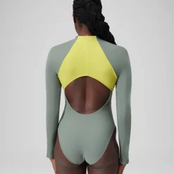 Fitness|One Pieces-Speedo Long Sleeve Colorblock Zip One Piece Soft Olive