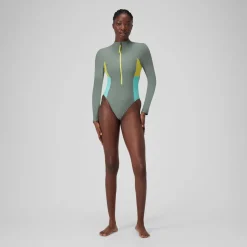 Fitness|One Pieces-Speedo Long Sleeve Colorblock Zip One Piece Soft Olive