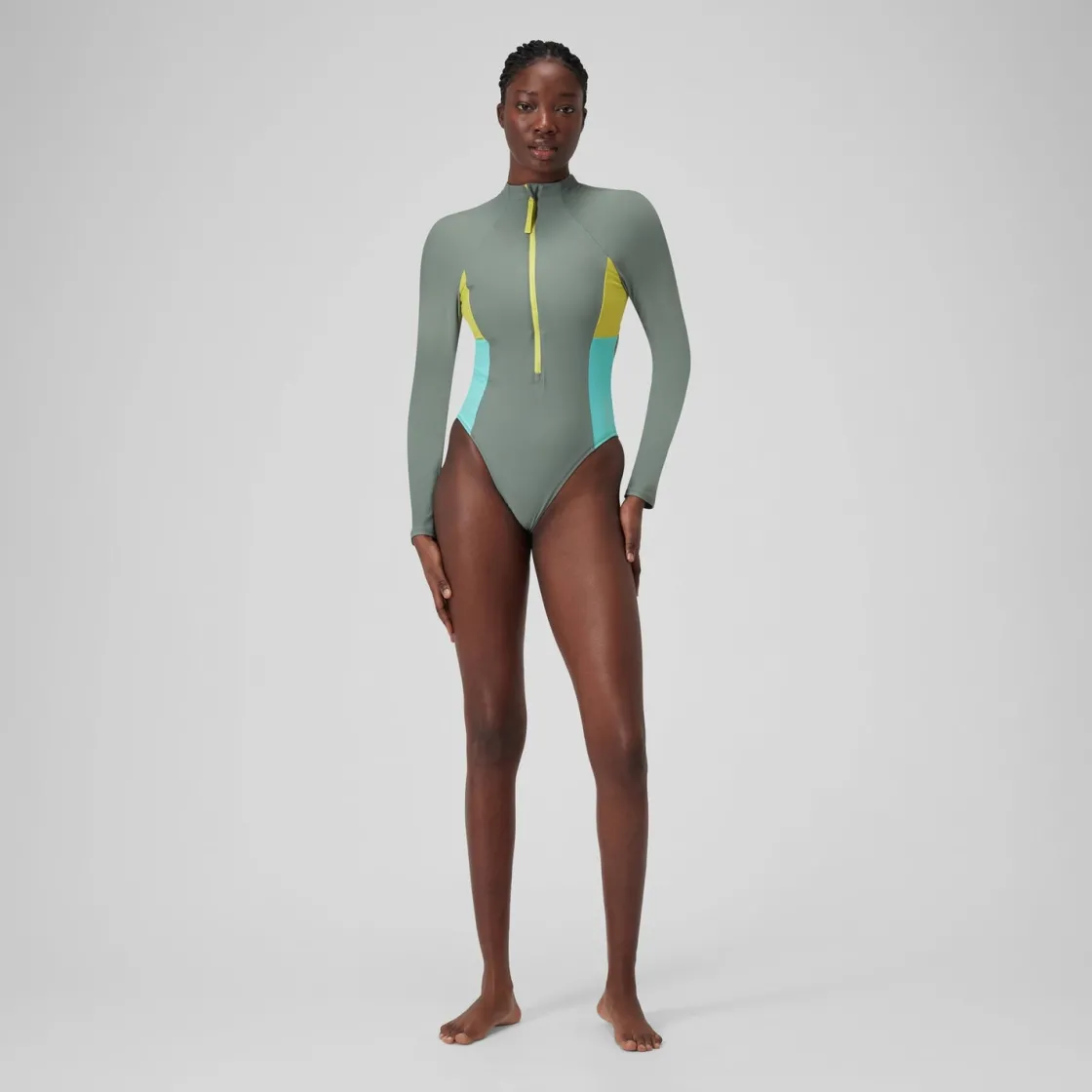 Fitness|One Pieces-Speedo Long Sleeve Colorblock Zip One Piece Soft Olive