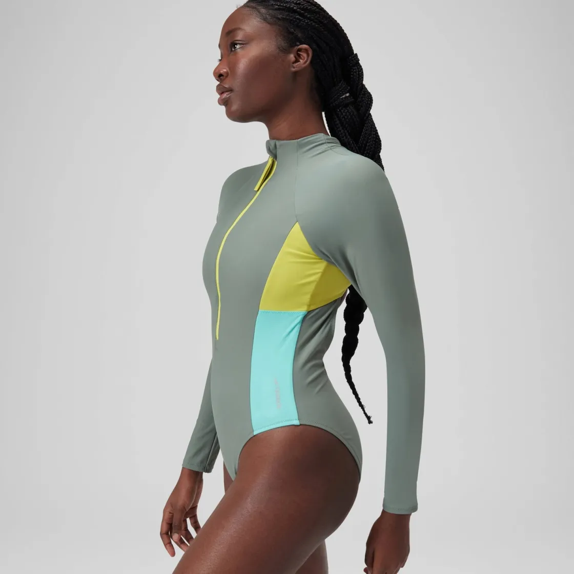 Fitness|One Pieces-Speedo Long Sleeve Colorblock Zip One Piece Soft Olive