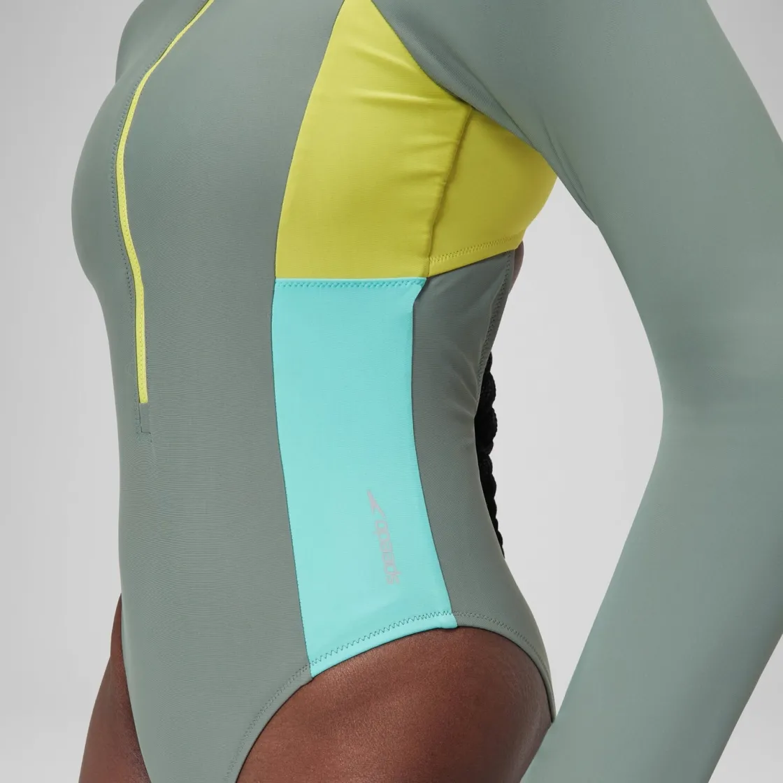 Fitness|One Pieces-Speedo Long Sleeve Colorblock Zip One Piece Soft Olive