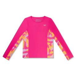 Girls Swimwear-Speedo Long Sleeve Printed Splice Rashguard Flare Pink