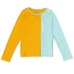 Girls Swimwear-Speedo Long Sleeve Solid Blocked Logo Rashguard Light Blue