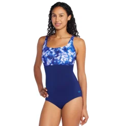 Fitness|One Pieces-Speedo Print Blocked Square Neck One Piece Cerulean Blue