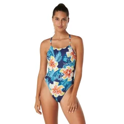 Fitness|Training-Speedo Printed Double Lace Back One Piece Moon Flower Blue