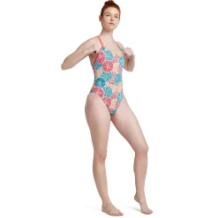 Fitness|Training-Speedo Printed Double Lace Back One Piece Blue Orange Pink