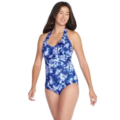 Fitness|One Pieces-Speedo Printed Halter One Piece Cerulean Blue