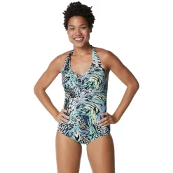 Fitness|One Pieces-Speedo Printed Halter One Piece Blue