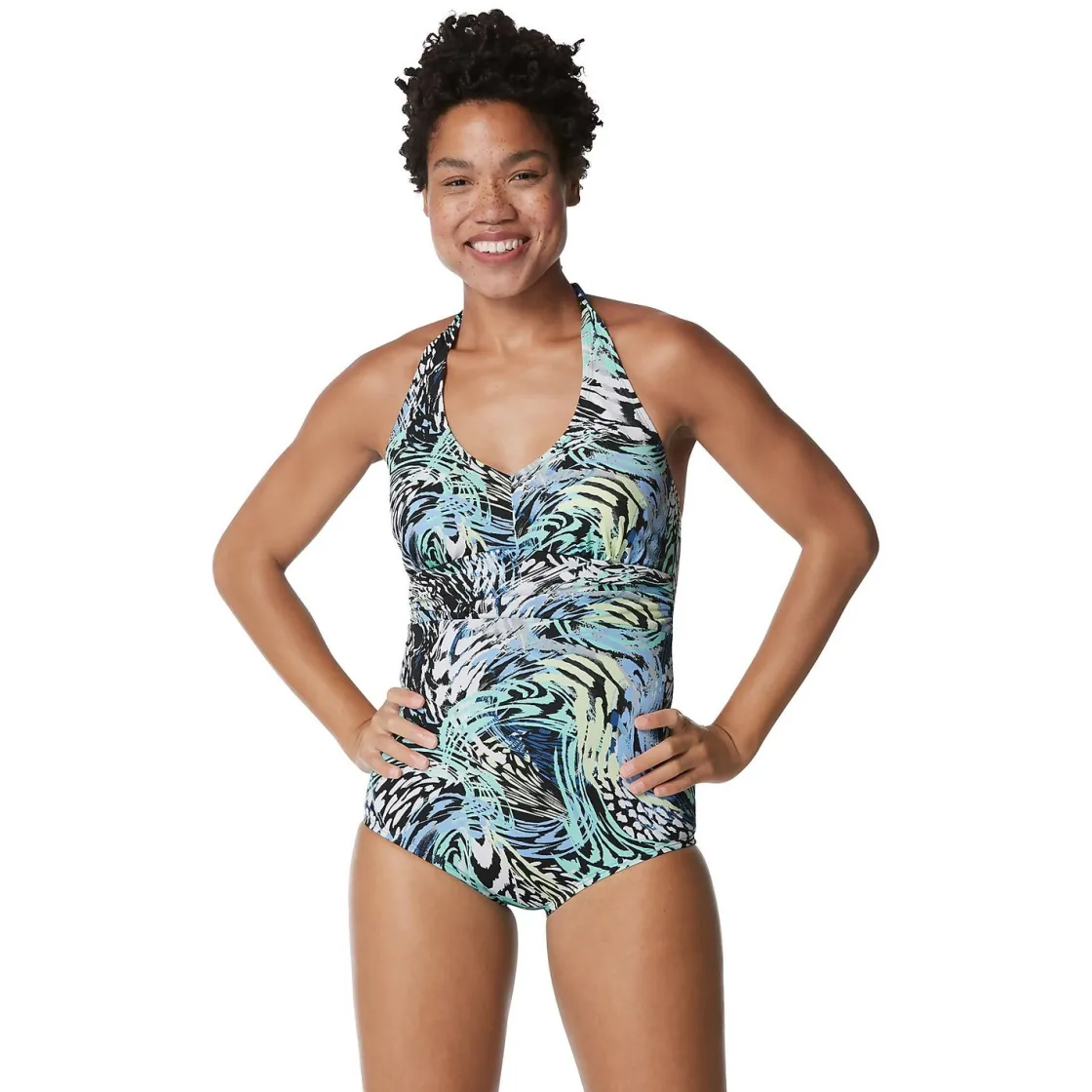 Fitness|One Pieces-Speedo Printed Halter One Piece Blue