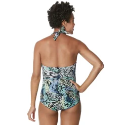 Fitness|One Pieces-Speedo Printed Halter One Piece Blue
