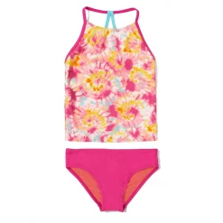 Girls Swimwear-Speedo Printed High Neck Tankini Set Fuchsia