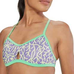 Two Pieces-Speedo Printed Tie Back Keyhole Top Purple Green