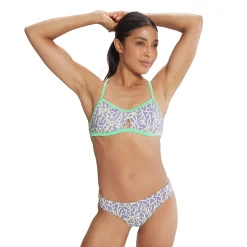 Two Pieces-Speedo Printed Tie Back Keyhole Top Purple Green