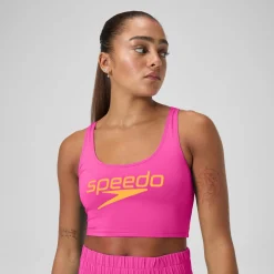 Two Pieces-Speedo Regan Collection Solid Logo Crop Top Flare Pink