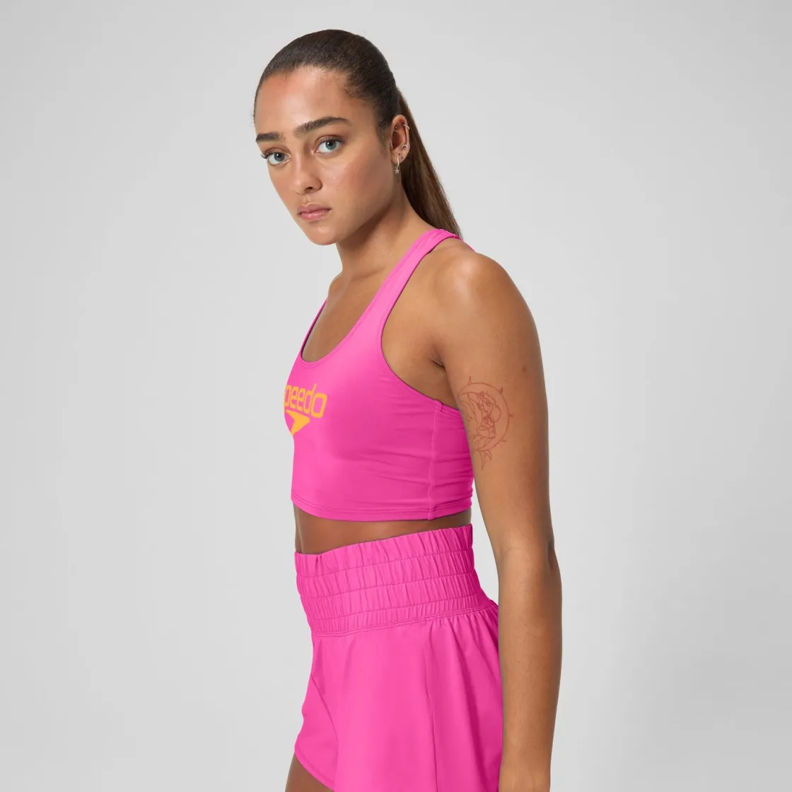 Two Pieces-Speedo Regan Collection Solid Logo Crop Top Flare Pink
