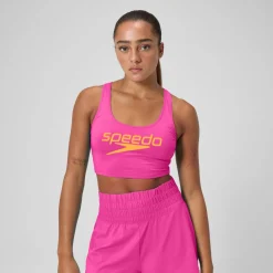 Two Pieces-Speedo Regan Collection Solid Logo Crop Top Flare Pink
