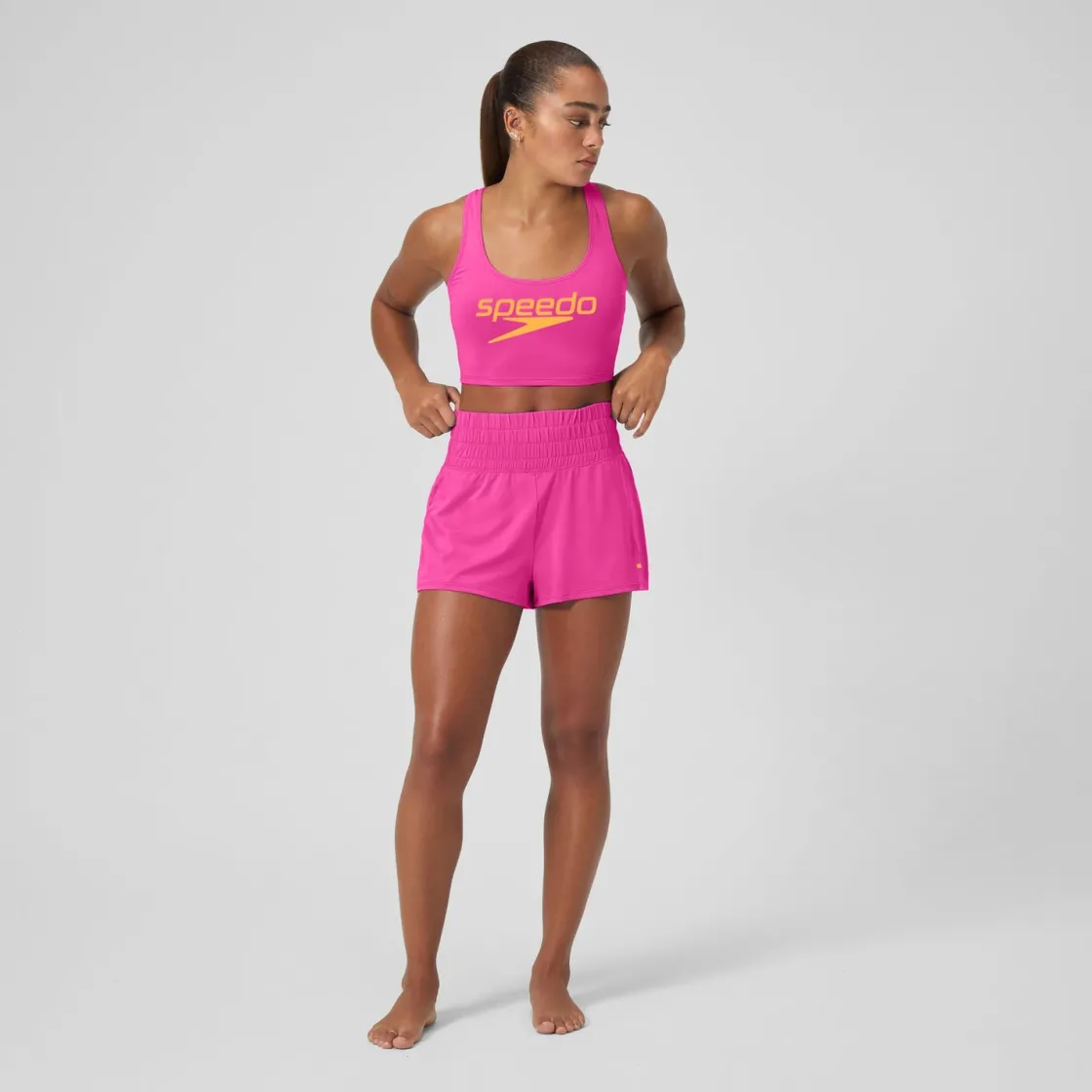 Two Pieces-Speedo Regan Collection Solid Logo Crop Top Flare Pink