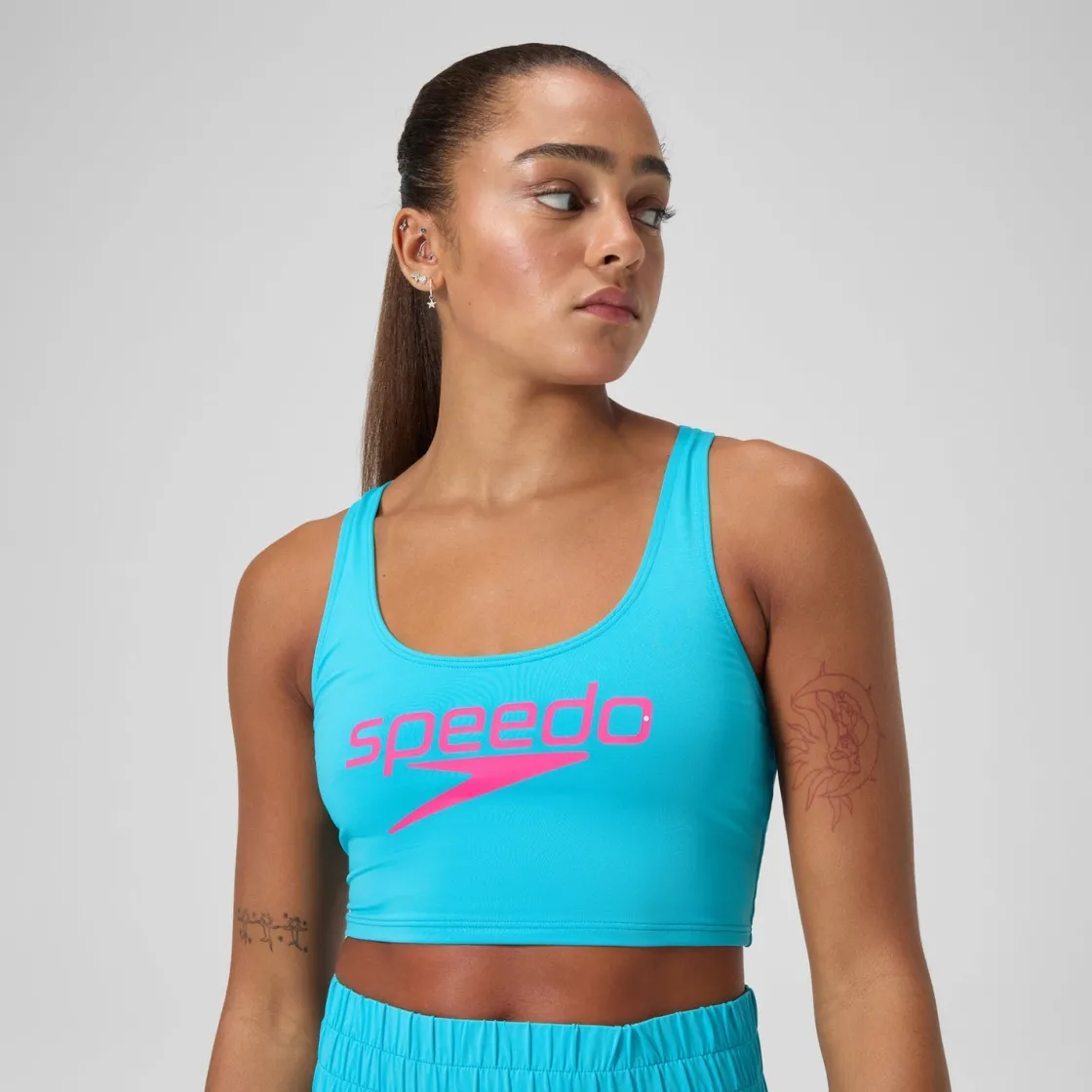 Two Pieces-Speedo Regan Collection Solid Logo Crop Top Hypersonic Blue