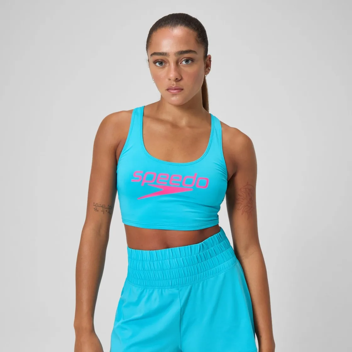 Two Pieces-Speedo Regan Collection Solid Logo Crop Top Hypersonic Blue