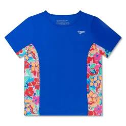 Girls Swimwear-Speedo Short Sleeve Printed Splice Rashguard Cobalt Blue