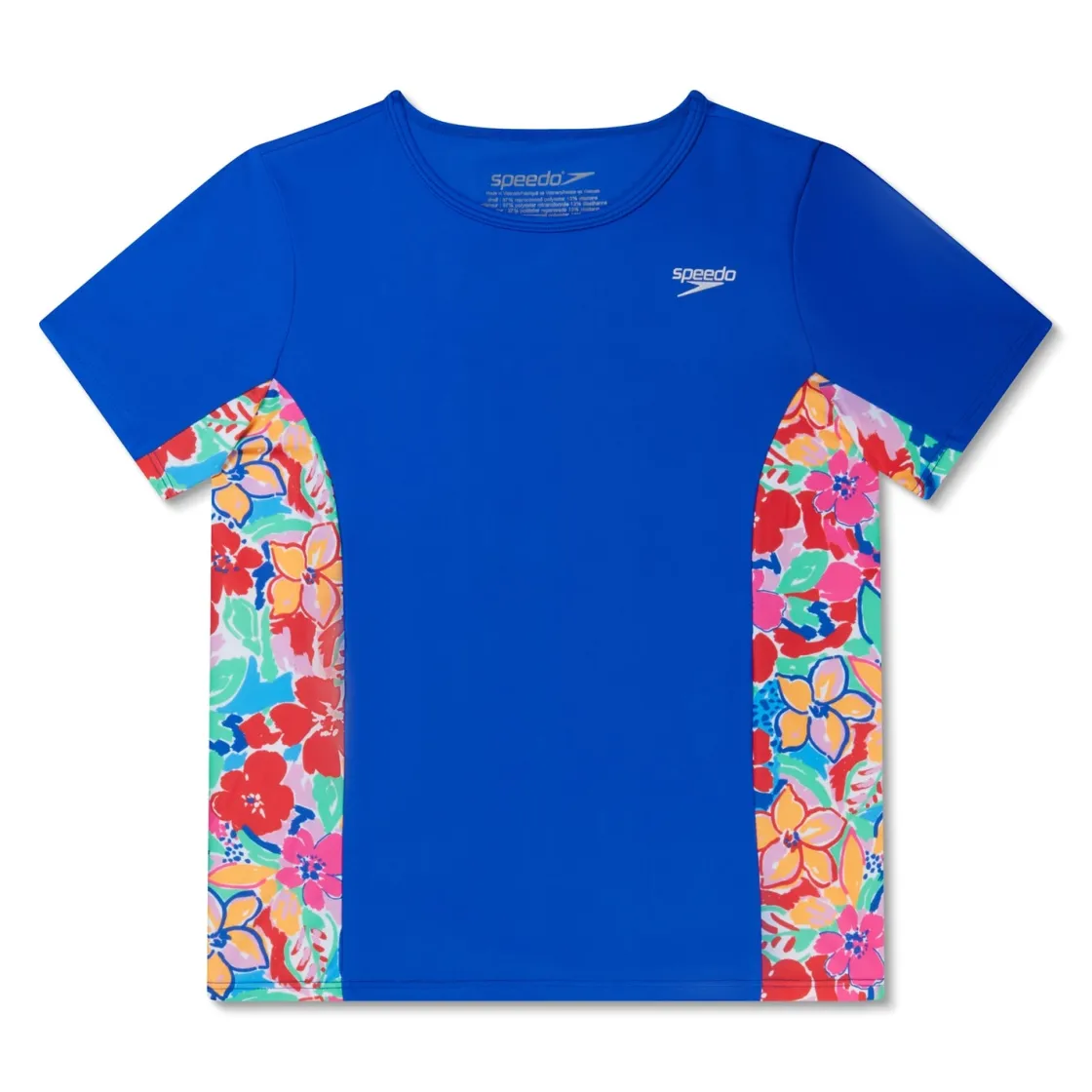 Girls Swimwear-Speedo Short Sleeve Printed Splice Rashguard Cobalt Blue