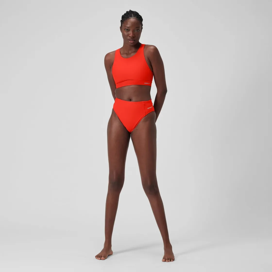 Two Pieces-Speedo Solid Highneck Top with Mesh Coquelicot Red