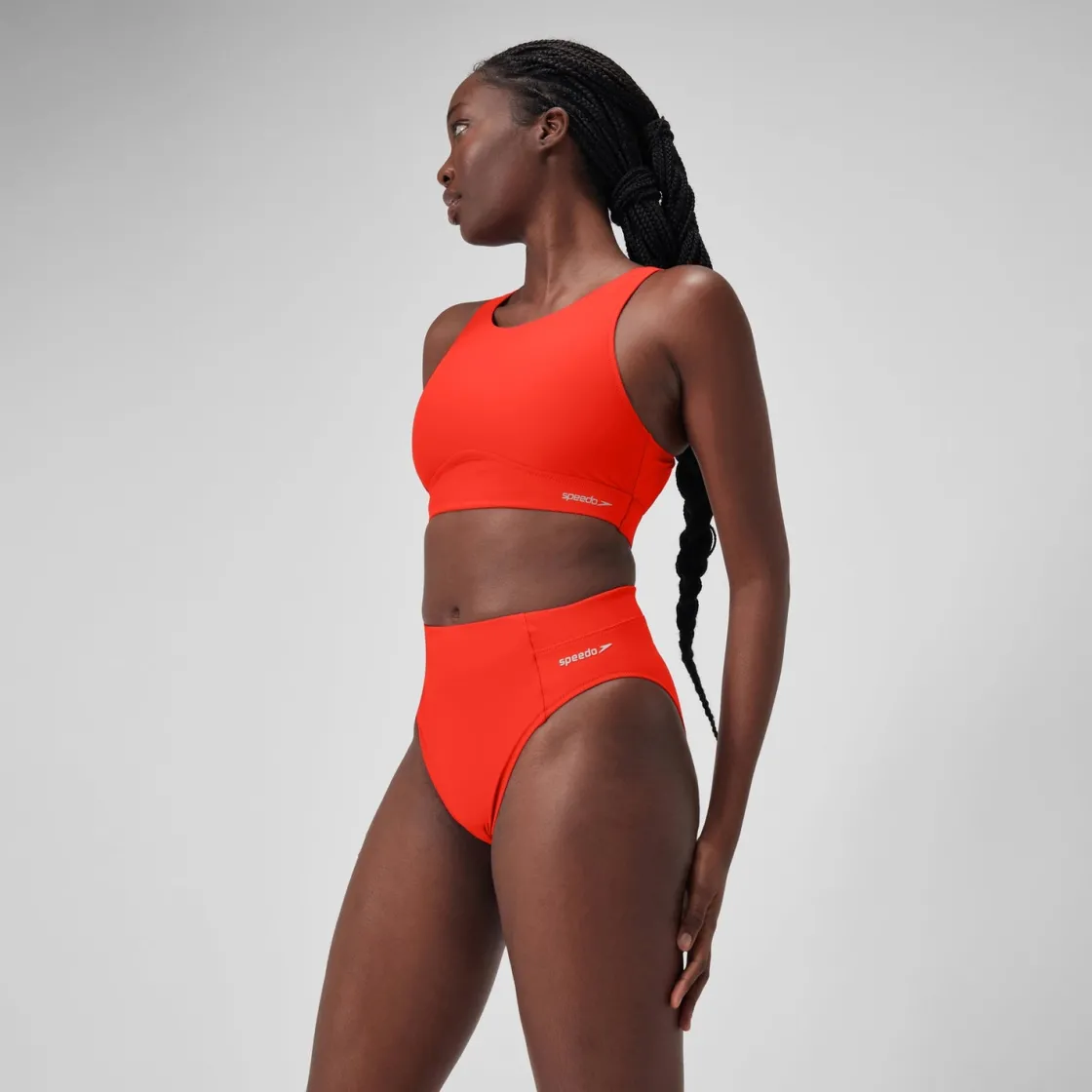 Two Pieces-Speedo Solid Highneck Top with Mesh Coquelicot Red
