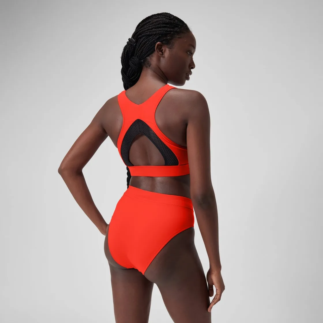 Two Pieces-Speedo Solid Highneck Top with Mesh Coquelicot Red